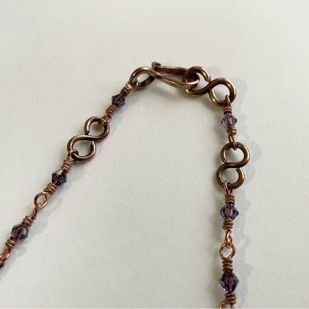 Copper Scroll Necklace Beaded Plum and Lilac Crystals Elegant Rustic‎ Handmade - Picture 8 of 14